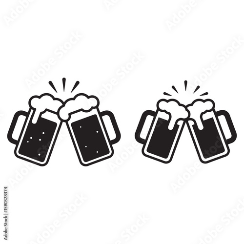 Two pairs of beer mugs clinking together with frothy heads drinks celebration