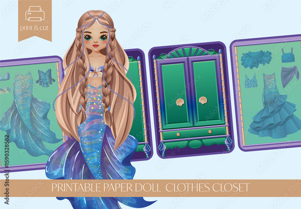 Printable paper doll set with mermaid and beach outfits, shell accessories and underwater wardrobe. Vector dress-up template in ocean-themed locker format for kids' activity books and cut-out crafts plantilla de Stock | Printable paper doll set with mermaid and beach outfits, shell accessories and underwater wardrobe. Vector dress-up template in ocean-themed locker format for kids' activity books and cut-out crafts plantilla de Stock |