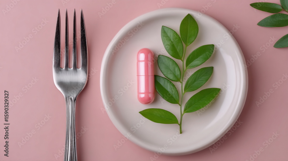 Pink capsule and green leaf on white plate Pink capsule and green leaf on white plate