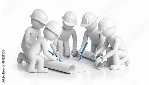 Collaborative teamwork among construction workers analyzing blueprints, showcasing planning and design processes. scene emphasizes cooperation and attention to detail in professional setting
