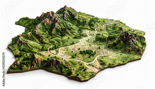 Detailed topographical model showcasing mountainous landscape with lush greenery, winding rivers, and intricate terrain features. This artistic representation captures beauty of nature