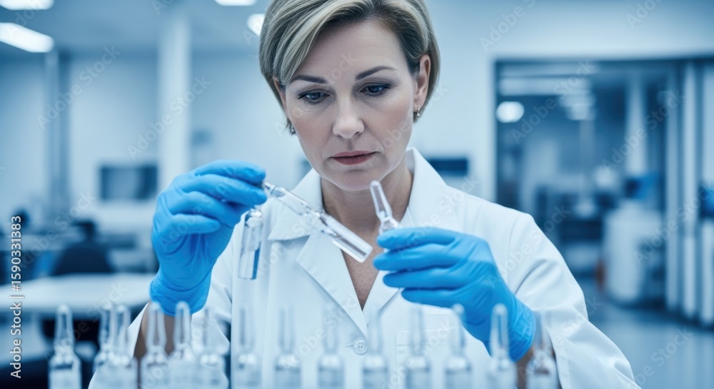 Female scientist wearing lab coat and gloves comparing two ampoules in modern pharmaceutical laboratory, performing quality control of the liquid inside Female scientist wearing lab coat and gloves comparing two ampoules in modern pharmaceutical laboratory, performing quality control of the liquid inside