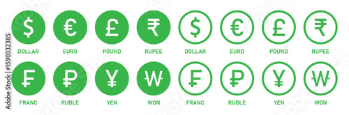 Currency symbols icons set. Dollar, Euro, Pound, Rupee, Franc, Ruble, Yen, Won in green color, vector illustration.