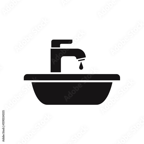 Flat vector illustration of a sink icon with dripping faucet and water drop. Solid design.

