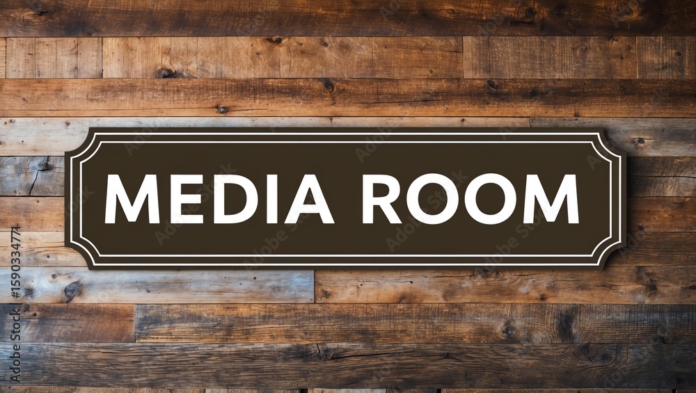 Fototapeta premium Phrase Media Room is displayed on an attractive signage board with on a beautiful rustic wooden background