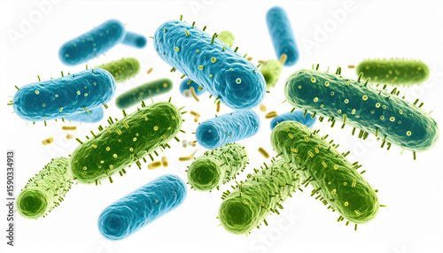 Microscopic view of colorful bacteria, showcasing various shapes and sizes. vibrant blue and green hues represent different bacterial species, highlighting their unique structures and features