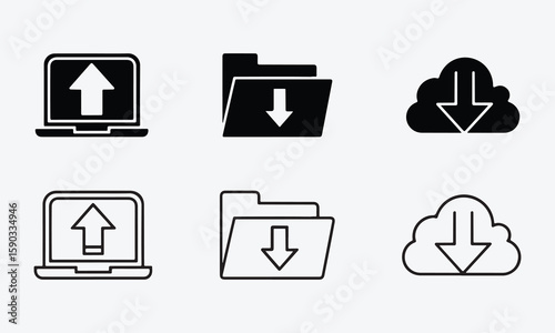 Digital File Transfer and Storage Icons Representing Upload Download and Cloud Data Concepts Icon Set of Line and Silhouette Vector on White Background