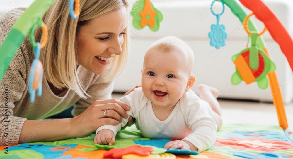 A smiling mother watches her baby playing on a colorful play mat with hanging toys overhead at home A smiling mother watches her baby playing on a colorful play mat with hanging toys overhead at home