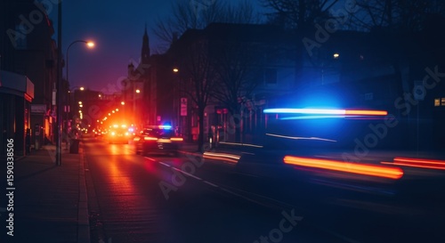 Police cars are driving fast down a city street at night, their emergency lights flashing red and blue, creating a sense of urgency and drama as they respond to an incident