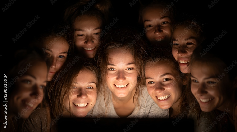 Fototapeta premium A group of young women gleefully watches a bright screen in a dimly lit room while smiling widely together.