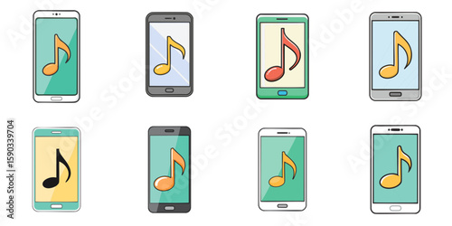 Multiple vector illustrations of musical notes on smart phone

