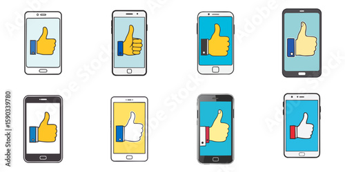 Multiple vector illustrations of thumbs up on a smart phone

