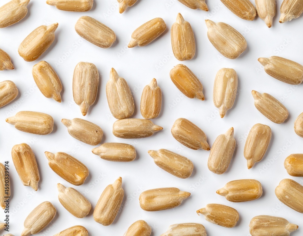 Obraz premium Sunflower seeds on a white backdrop. 
