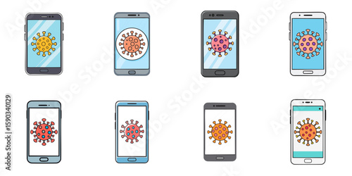 Multiple vector illustrations of viruses on a smart phone

