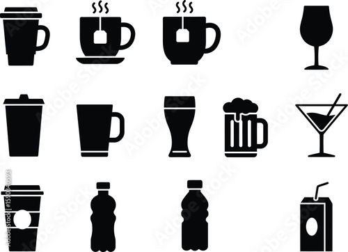 Collection of Drink Icons Coffee, Tea, Beer, Juice, and More Beverage Silhouettes