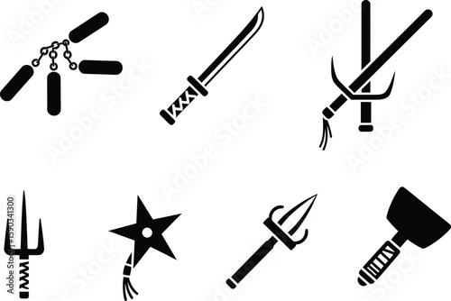 Collection of Martial Arts Weapons Icons Swords, Nunchaku, Sai, and More
