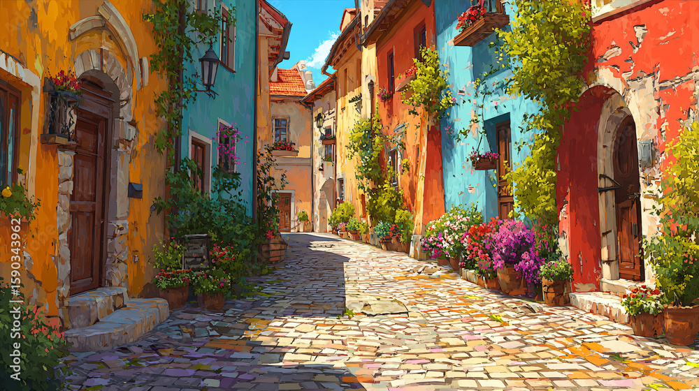 Fototapeta premium Painterly view of a sunlit European village alleyway with colorful façades and lush flowers