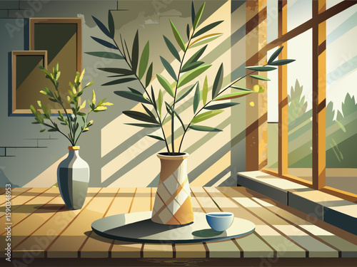 vector of Home decoration with olive branch in vase on wooden table and plaster wall, window sunlight shade.  Home design background.