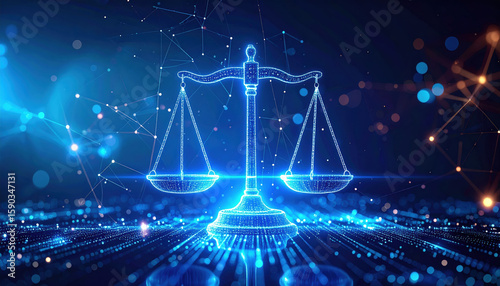 Digital representation of balanced scale symbolizes justice in futuristic setting, surrounded by glowing connections and data points, evoking sense of innovation and fairness