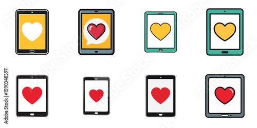 Multiple vector illustrations of hearts on slate device (tablet)


