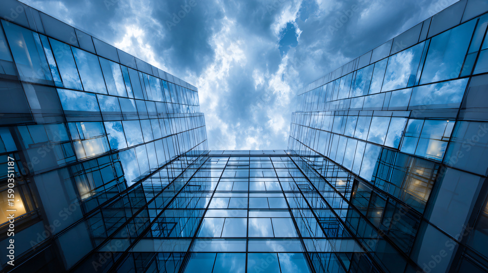 Obraz premium Upward view between modern glass skyscrapers with reflective facades and dramatic cloudy sky