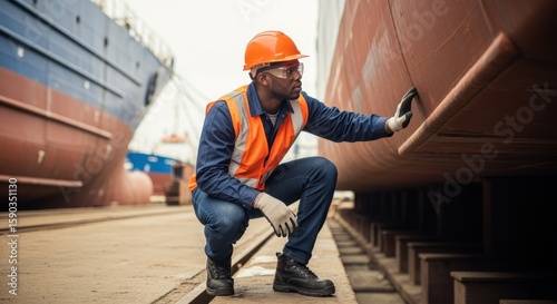 African american marine engineer crouching, inspecting the hull of a large ship in dry dock, ensuring structural integrity and adherence to maritime safety standards
