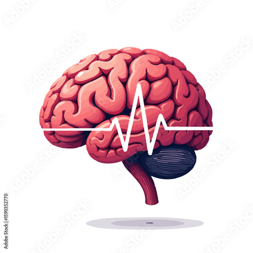Vector illustration of brain with pulse, line active thinking on white background
