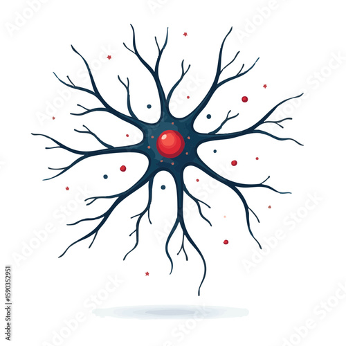 Vector illustration of neuron with dendrite, complex signaling on white background