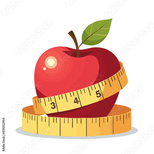 Vector illustration of measuring tape around apple, diet health on white background