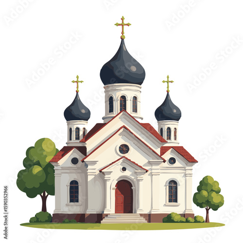 vector illustration of church building front, orthodox impressive on white background, architecture