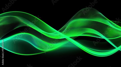 Abstract image of flowing, luminous green waves on a black background.  The waves have a subtle gradient and a wispy, ethereal quality