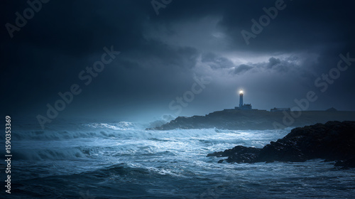 Dramatic nighttime seascape with crashing waves and lighthouse beacon on stormy coast