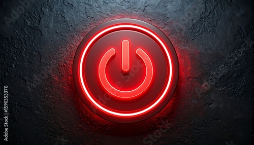 Red neon power button on dark textured wall