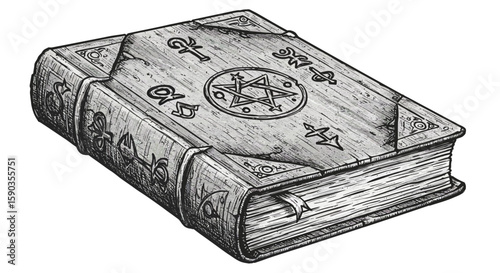 Ancient Grimoire:  Worn Leather-Bound Book with Pentagram and Occult Symbols