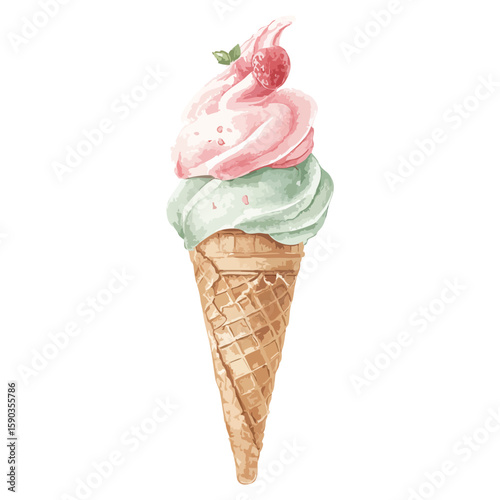 Green and pink ice cream cone watercolor illustration