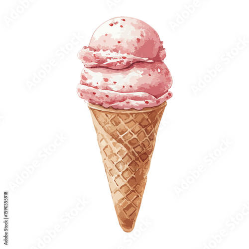 Pink and white ice cream cone watercolor illustration