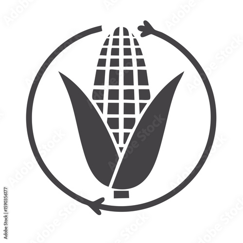Corn cob circle logo representing sustainable agriculture, renewable resources or organic food, simple black and white icon