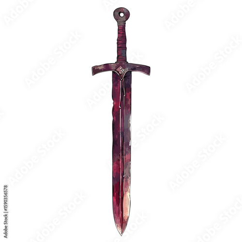Red sword with a black handle. The sword is long and has a black handle