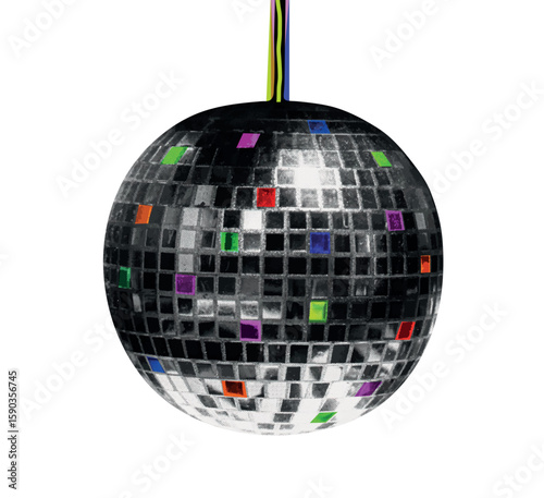 Vintage retro music halftone discoball. Collage suspended shining mirror Disco Ball with photocopy effect. Grunge disco element for karaoke, night club, poster, podcast, wall art. Isolated vector illu
