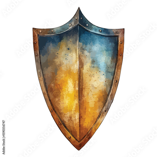 Rusty shield with a blue and golden design. The shield is made of metal 