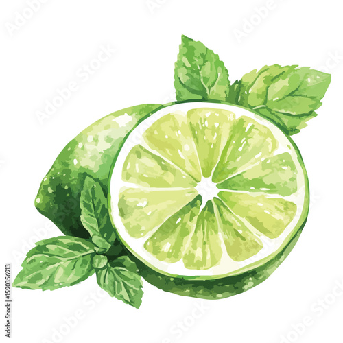 Lime is cut in half and has green leaves on top