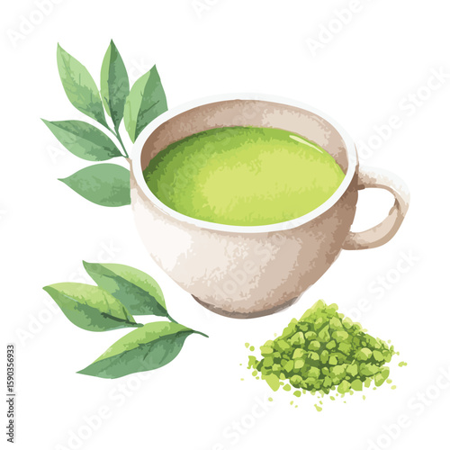 White cup with green tea and green leaves