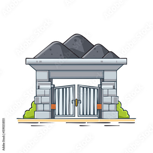 Cartoon illustration of stone gate with iron bars, overgrown with piles of dirt and small shrubs