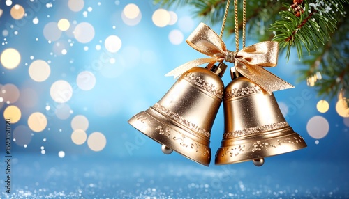 Christmas bells hanging on a branch against a bokeh background