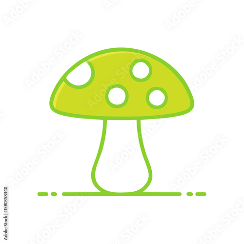 Green mushroom illustration. Fungus with white spots. Toadstool drawing. Graphic design element.