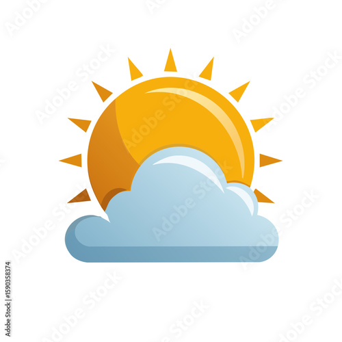 Stylized weather icon showing a bright sun partially hidden behind a fluffy blue cloud, clear skies sunshine and clouds