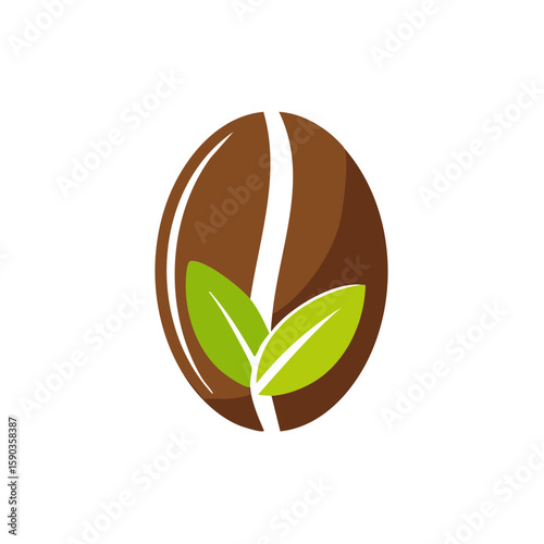 Coffee Bean with Green Leaves, Coffee bean sprout design, Brown, Eco Logo