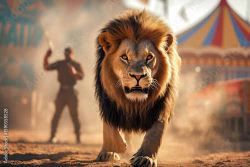 Lion run, escape across dusty circus ground, trainer try to stop him holds whip. Concept of cruelty, outdated shows, animal exploitation and ethical call to end suffering in violent circus traditions