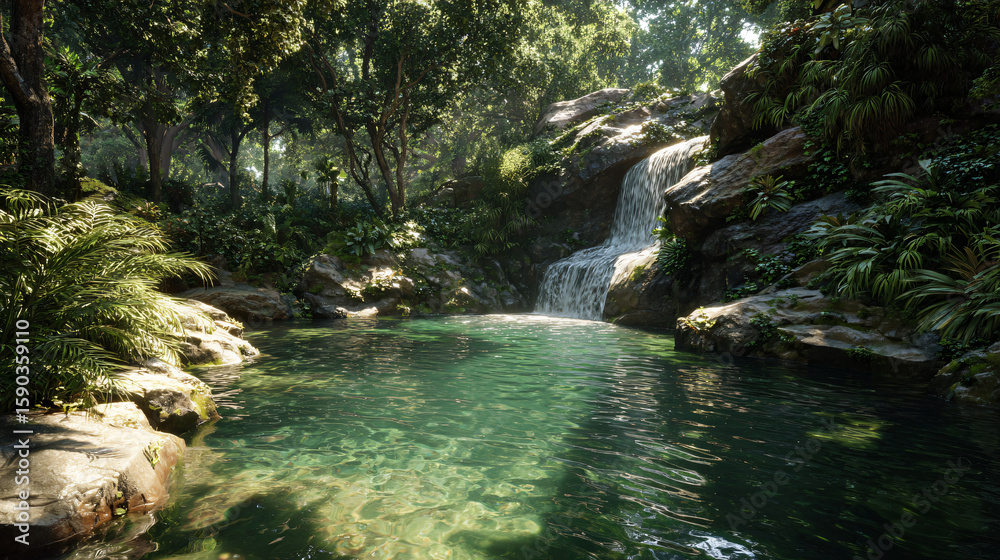 Naklejka premium Serene tropical forest waterfall cascading into a crystal-clear emerald pond amid lush foliage