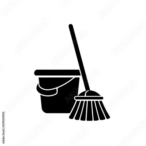 Flat vector illustration of a mop and bucket icon in black silhouette.
